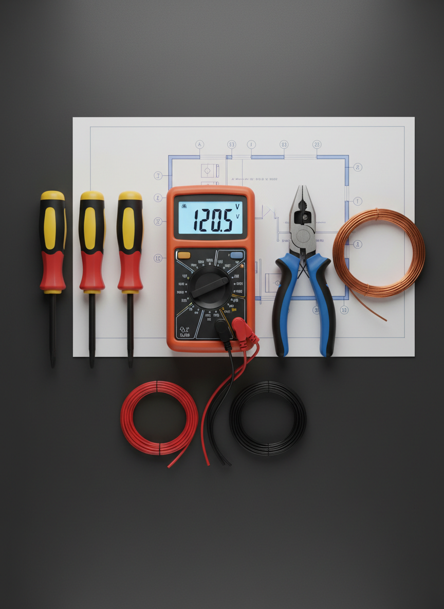 A detailed close-up of high-quality electrical tools arrayed on a smooth, dark charcoal workbench surface. A digital multimeter with a bright but not glowing display, insulated screwdrivers with red and yellow handles, precision wire strippers, and neatly coiled copper wires are carefully arranged in a grid-like pattern. Behind them, a partially visible blueprint of a home electrical layout sits flat, printed in soft blue lines on white paper. Overhead softbox lighting creates minimal shadows and subtle reflections on metal tips, emphasizing cleanliness and professionalism. The framing uses a top-down, bird’s-eye perspective with a strong sense of structure and symmetry, evoking a meticulous, methodical atmosphere in a clean, modern photographic realism aesthetic.