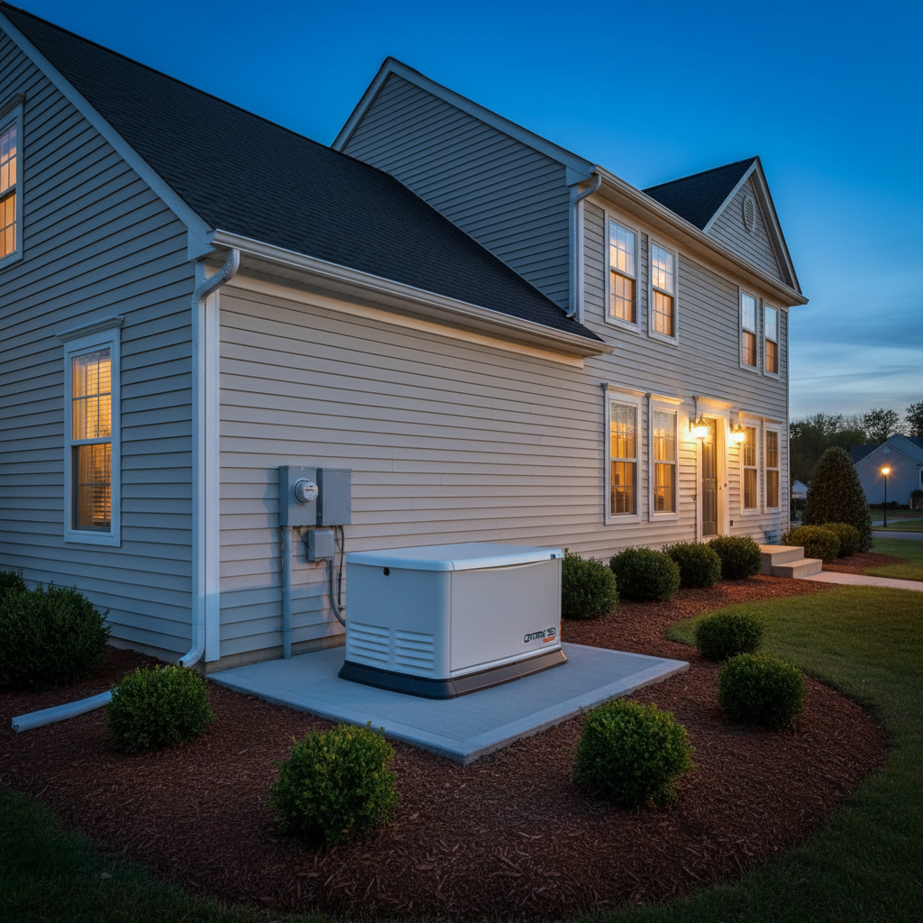 A quiet suburban South Jersey home exterior at dusk, showcasing a professionally installed standby generator on a level concrete pad beside the house. The generator housing is a sleek light gray with crisp vents and a subtle logo, surrounded by neatly trimmed mulch and low shrubs. Warm window light from the house spills softly onto the unit, while a cool blue evening sky adds contrast. Discreet exterior wall conduit and a tidy electrical meter are visible, all arranged with clean lines. Shot from a slightly elevated angle with a wide lens, the composition emphasizes order, safety, and preparedness in a calm, corporate photographic style with balanced, neutral tones.